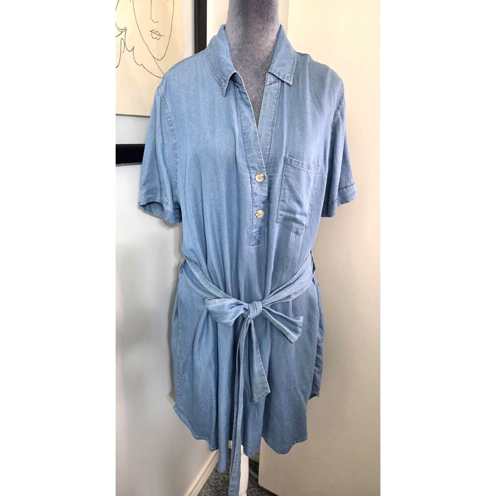 Perch by Blu Pepper 2X Chambray Shift Dress Belted Short Sleeve Plus Size
